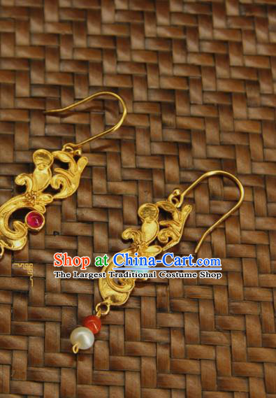 Handmade Chinese Ming Dynasty Hanfu Jewelry Accessories Traditional Ancient Imperial Consort Golden Earrings