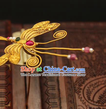 China Handmade Hair Stick Traditional Ming Dynasty Palace Hair Accessories Ancient Empress Golden Dragonfly Hairpin