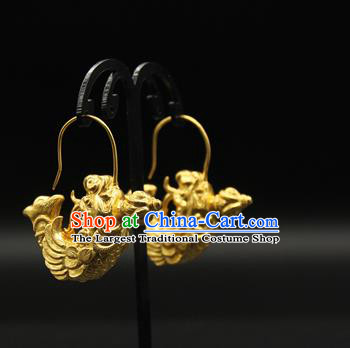 Handmade Chinese Traditional Tang Dynasty Court Ear Jewelry Ancient Imperial Consort Golden Fish Earrings Accessories
