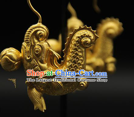 Handmade Chinese Ancient Imperial Consort Golden Earrings Accessories Traditional Ming Dynasty Court Ear Jewelry