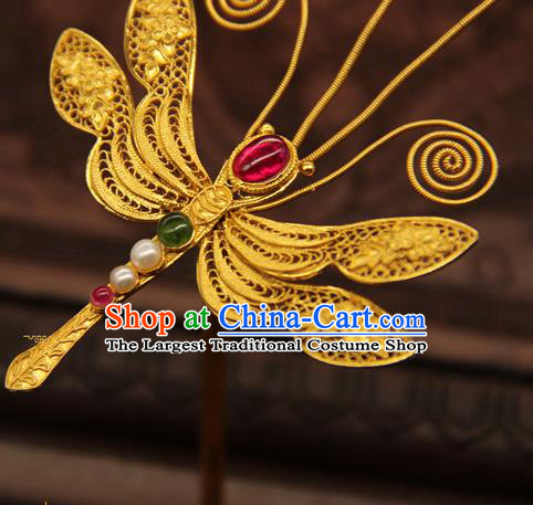 China Handmade Hair Stick Traditional Ming Dynasty Palace Hair Accessories Ancient Empress Golden Dragonfly Hairpin