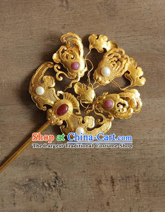 China Handmade Golden Bat Hair Stick Ancient Empress Hairpin Traditional Ming Dynasty Palace Hair Accessories