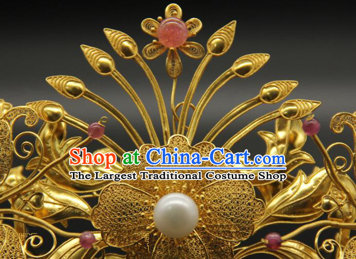 China Ancient Court Hair Accessories Traditional Handmade Hairpin Ming Dynasty Golden Hair Crown