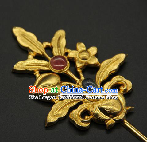 China Traditional Handmade Gems Hairpin Ancient Court Hair Accessories Ming Dynasty Golden Hair Stick