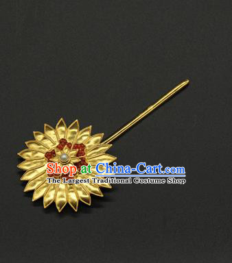 China Tang Dynasty Hair Stick Ancient Court Hair Accessories Traditional Handmade Golden Chrysanthemum Hairpin