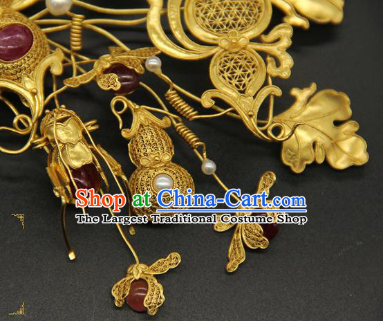 China Traditional Qing Dynasty Golden Gourd Hair Stick Ancient Court Empress Gems Hair Accessories Handmade Pearls Hairpin