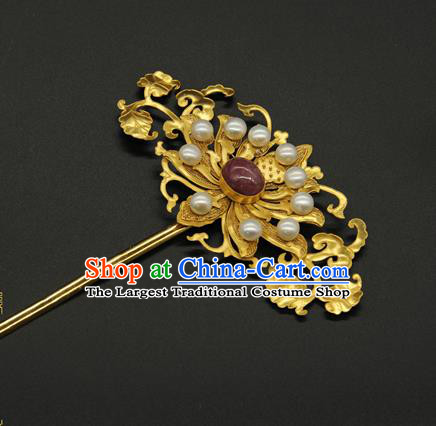 China Ancient Court Empress Hair Accessories Handmade Pearls Hairpin Traditional Qing Dynasty Golden Hair Stick