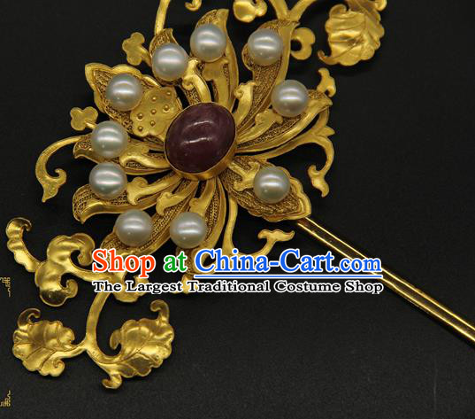 China Ancient Court Empress Hair Accessories Handmade Pearls Hairpin Traditional Qing Dynasty Golden Hair Stick