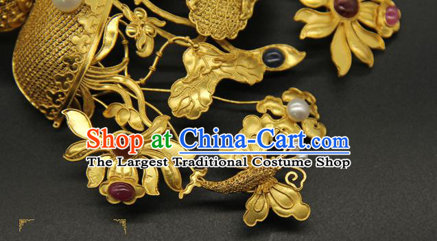 China Traditional Qing Dynasty Golden Lotus Butterfly Hair Stick Ancient Court Empress Hair Accessories Handmade Gems Hairpin
