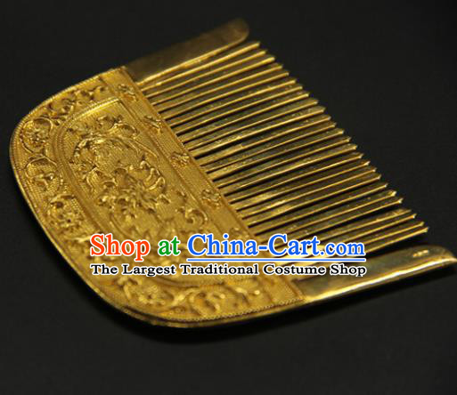 China Handmade Court Hairpin Ancient Empress Hair Accessories Traditional Tang Dynasty Carving Golden Hair Comb