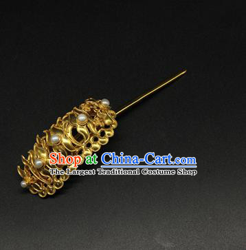 China Traditional Handmade Pearls Hairpin Ancient Court Empress Hair Accessories Ming Dynasty Golden Hair Stick