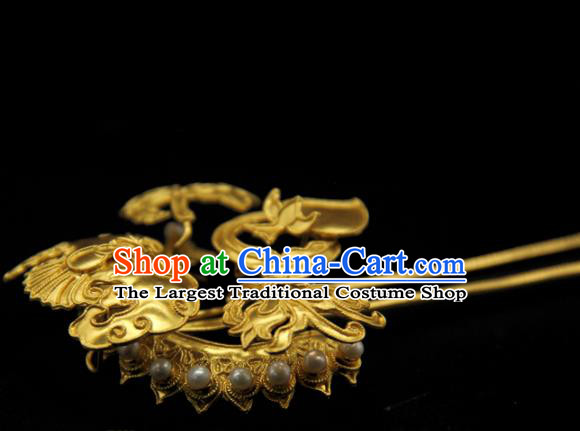 China Traditional Handmade Golden Bat Hairpin Ancient Court Empress Hair Accessories Ming Dynasty Pearls Hair Stick