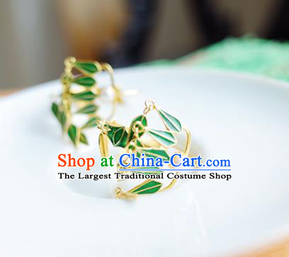 Handmade Chinese Ancient Court Lady Earrings Accessories Traditional Qing Dynasty Green Bamboo Leaf Ear Jewelry