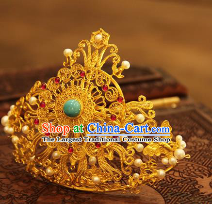 China Handmade Wedding Golden Hair Crown Ancient Queen Hairpin Traditional Ming Dynasty Hair Accessories