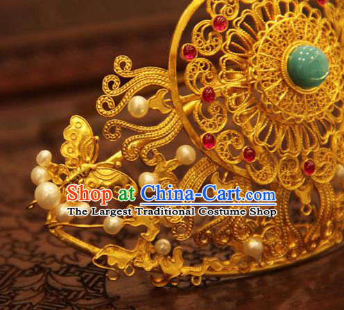 China Handmade Wedding Golden Hair Crown Ancient Queen Hairpin Traditional Ming Dynasty Hair Accessories