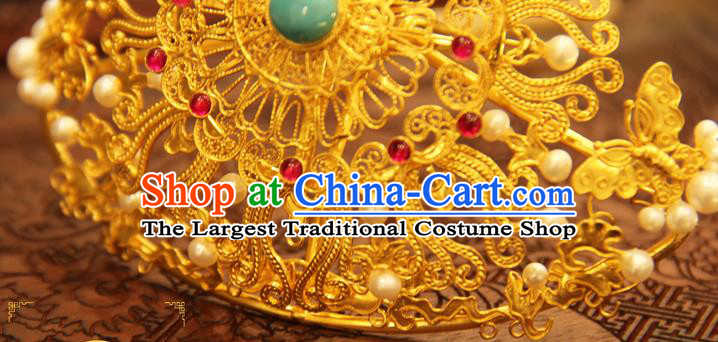 China Handmade Wedding Golden Hair Crown Ancient Queen Hairpin Traditional Ming Dynasty Hair Accessories