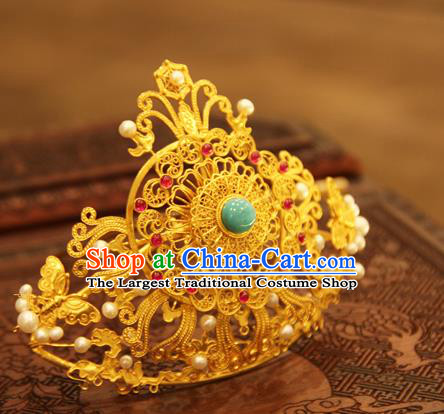 China Handmade Wedding Golden Hair Crown Ancient Queen Hairpin Traditional Ming Dynasty Hair Accessories