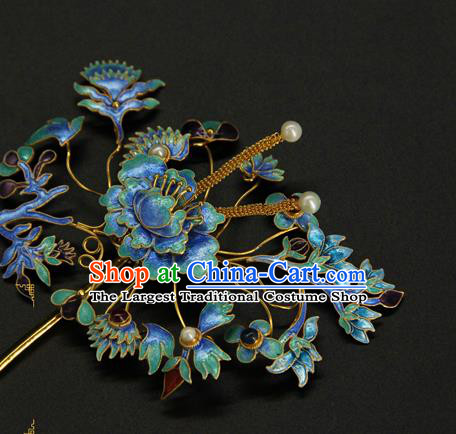 China Ancient Imperial Empress Hairpin Traditional Qing Dynasty Palace Hair Accessories Handmade Enamel Peony Hair Stick
