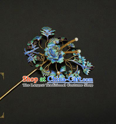 China Ancient Imperial Empress Hairpin Traditional Qing Dynasty Palace Hair Accessories Handmade Enamel Peony Hair Stick