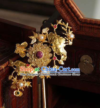 China Handmade Golden Butterfly Peony Hair Stick Ancient Imperial Consort Hairpin Traditional Qing Dynasty Palace Hair Accessories