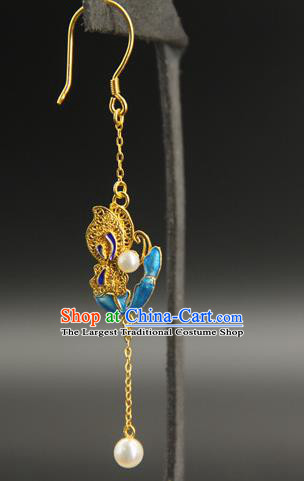 Handmade Chinese Traditional Qing Dynasty Court Ear Jewelry Ancient Imperial Consort Earrings Blueing Accessories