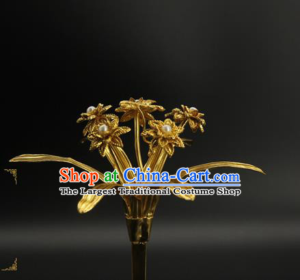 China Ancient Court Golden Orchids Hairpin Traditional Song Dynasty Empress Hair Accessories Handmade Hair Stick