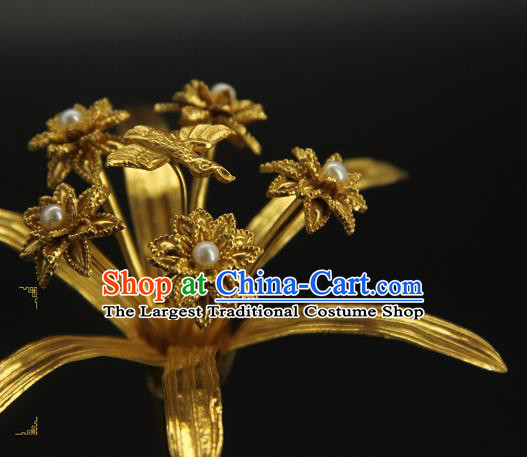 China Ancient Court Golden Orchids Hairpin Traditional Song Dynasty Empress Hair Accessories Handmade Hair Stick