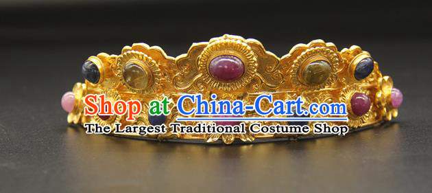 China Ancient Empress Gems Hairpin Traditional Ming Dynasty Palace Hair Accessories Handmade Court Golden Hair Crown