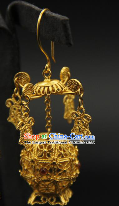 Handmade Chinese Traditional Ming Dynasty Palace Earrings Accessories Ancient Empress Golden Lantern Ear Jewelry
