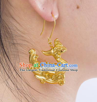 Handmade Chinese Ancient Empress Golden Phoenix Ear Jewelry Traditional Song Dynasty Palace Earrings Accessories