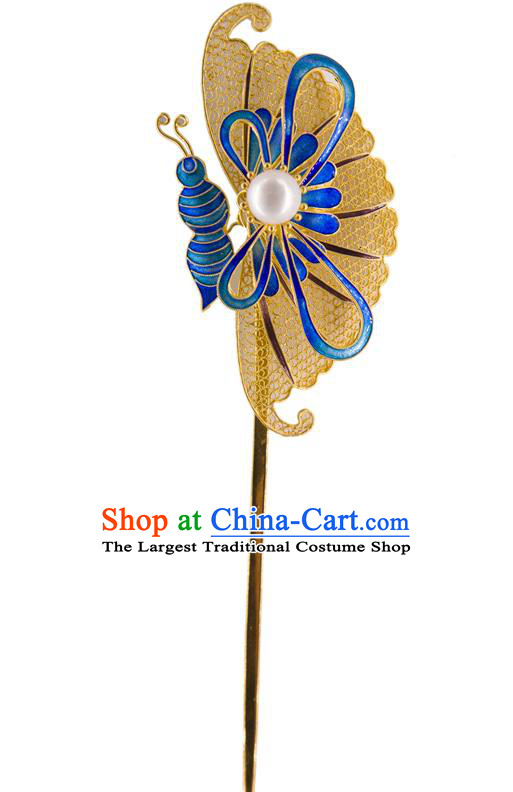 China Handmade Court Pearl Hair Stick Ancient Empress Enamel Hairpin Traditional Qing Dynasty Palace Hair Accessories