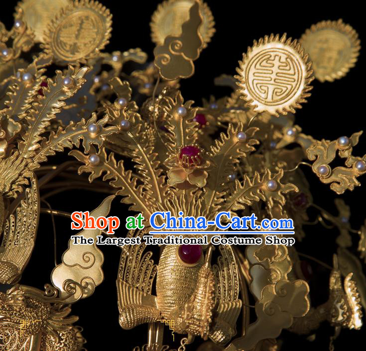 China Handmade Court Phoenix Coronet Traditional Qing Dynasty Palace Hair Accessories Ancient Empress Wedding Golden Hair Crown