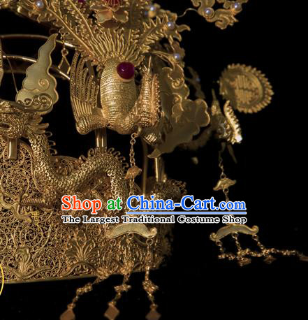 China Handmade Court Phoenix Coronet Traditional Qing Dynasty Palace Hair Accessories Ancient Empress Wedding Golden Hair Crown