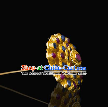 China Handmade Court Golden Hairpin Traditional Ming Dynasty Palace Hair Accessories Ancient Empress Gems Hair Crown