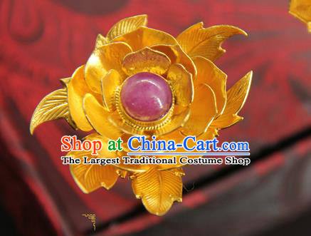 China Ancient Court Queen Golden Peony Hairpin Traditional Handmade Hair Stick Ming Dynasty Hair Accessories