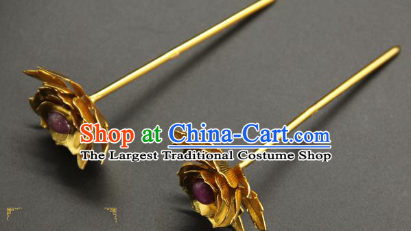 China Ancient Court Queen Golden Peony Hairpin Traditional Handmade Hair Stick Ming Dynasty Hair Accessories