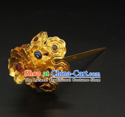 China Traditional Ming Dynasty Hair Accessories Handmade Hair Stick Ancient Court Queen Golden Peony Hairpin
