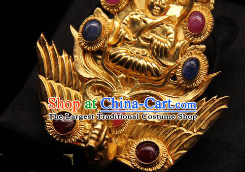 China Ancient Imperial Consort Phoenix Hairpin Handmade Hair Accessories Traditional Ming Dynasty Golden Buddha Hair Stick