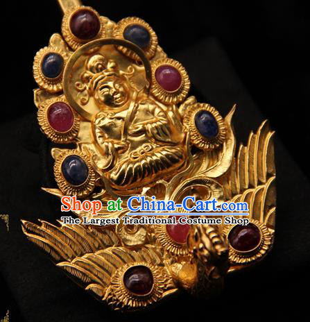 China Ancient Imperial Consort Phoenix Hairpin Handmade Hair Accessories Traditional Ming Dynasty Golden Buddha Hair Stick
