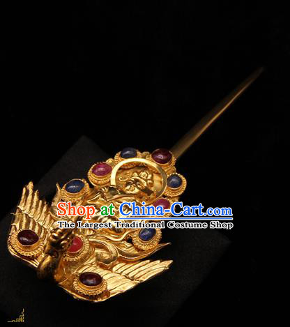 China Ancient Imperial Consort Phoenix Hairpin Handmade Hair Accessories Traditional Ming Dynasty Golden Buddha Hair Stick