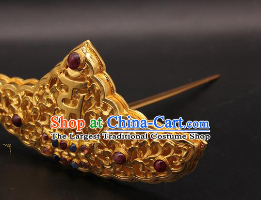 China Traditional Court Hair Accessories Ancient Queen Golden Hairpin Handmade Ming Dynasty Empress Gems Hair Crown