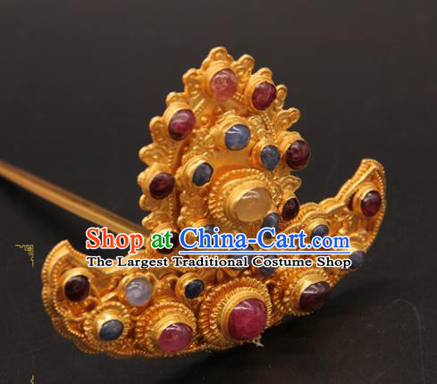 China Traditional Court Hair Accessories Ancient Queen Golden Hairpin Handmade Ming Dynasty Empress Gems Hair Crown