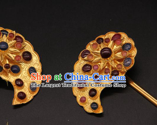 China Ancient Queen Golden Hairpin Handmade Ming Dynasty Empress Gems Hair Stick Traditional Court Hair Accessories