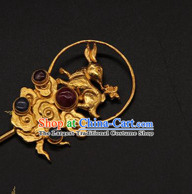 China Handmade Ming Dynasty Empress Gems Hairpin Ancient Queen Golden Cloud Hair Stick Traditional Court Hair Accessories