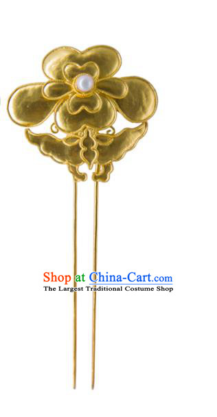 China Ancient Empress Pearl Hair Stick Handmade Court Golden Peony Butterfly Hairpin Traditional Qing Dynasty Palace Hair Accessories