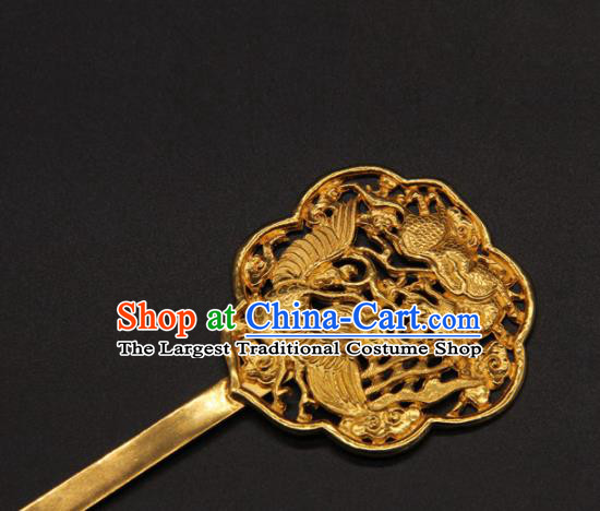 China Handmade Yuan Dynasty Empress Golden Phoenix Hairpin Traditional Palace Hair Accessories Ancient Hanfu Hair Stick