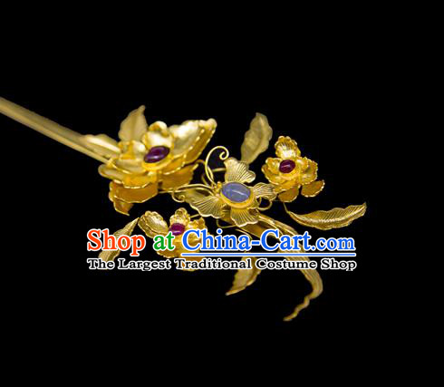 China Traditional Ancient Ming Dynasty Empress Hair Accessories Handmade Palace Golden Flowers Hairpin