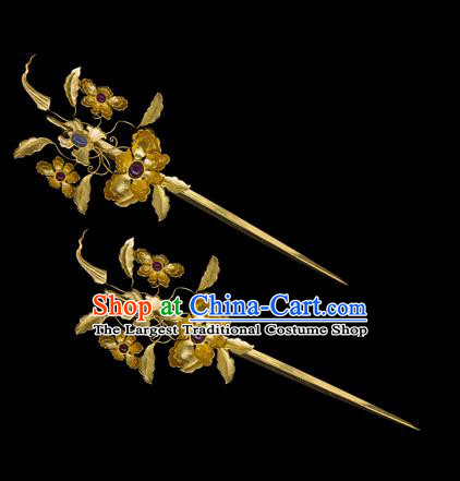 China Traditional Ancient Ming Dynasty Empress Hair Accessories Handmade Palace Golden Flowers Hairpin