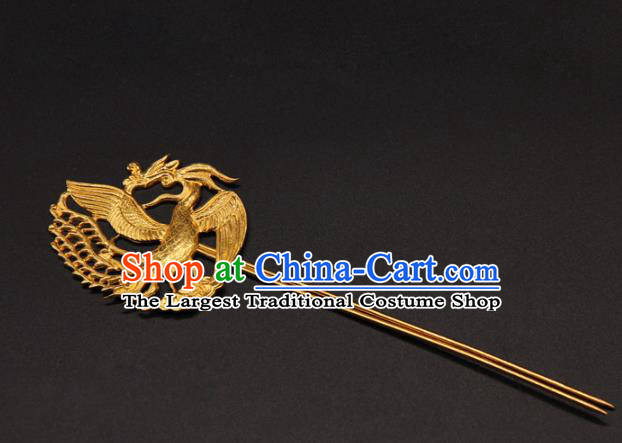 China Traditional Ming Dynasty Empress Golden Phoenix Hairpin Ancient Hanfu Hair Stick Handmade Palace Hair Accessories