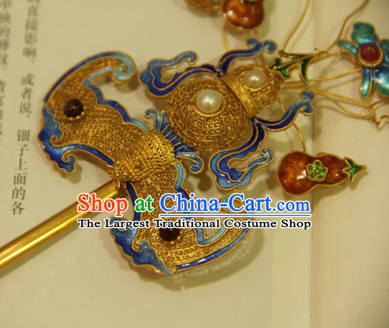 China Ancient Qing Dynasty Empress Golden Gourd Bat Hairpin Handmade Palace Woman Hair Stick Traditional Queen Headpiece